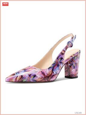 Women's Pointed Toe Block Heel Slingback Pumps Faux Leather 3.2 Inch Heels